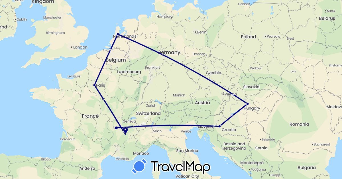TravelMap itinerary: driving in France, Croatia, Hungary, Netherlands (Europe)